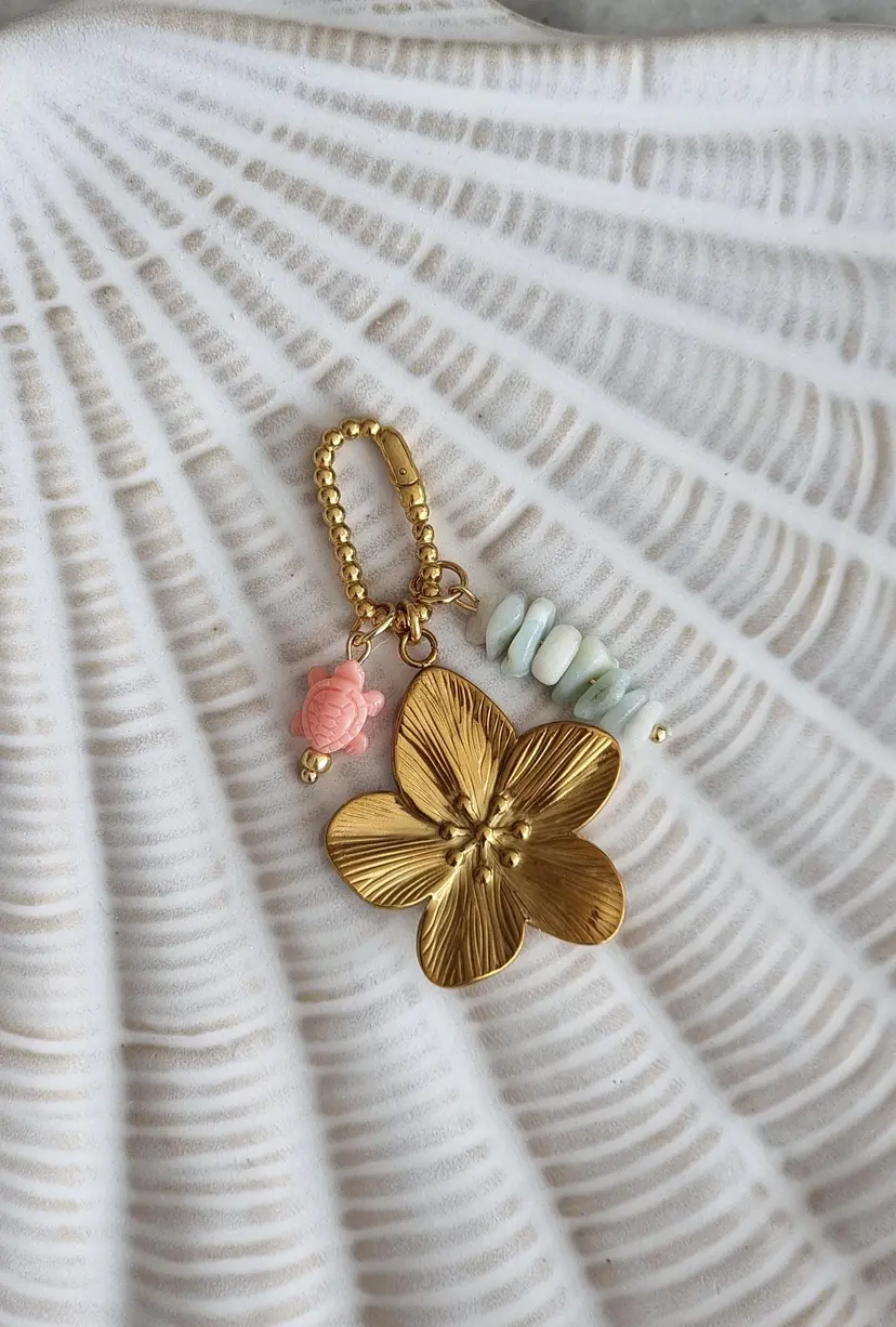 Keyring Add-on Stainless Steel Waterproof Flower Amazonite Semi-Precious Stone Bag Charm Stainless Steel