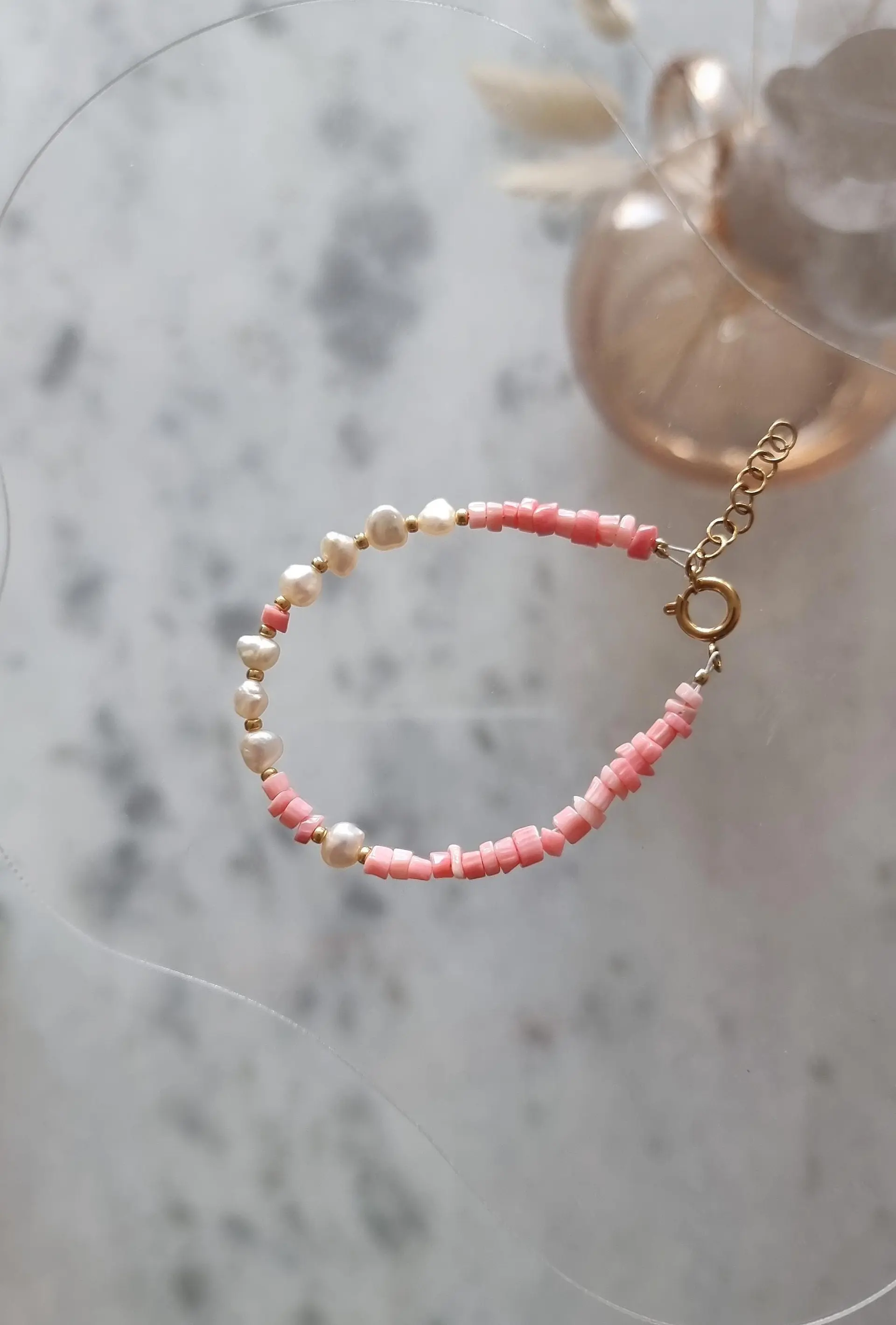 Coral pearl bracelet with freshwater pearls, stainless steel clasp