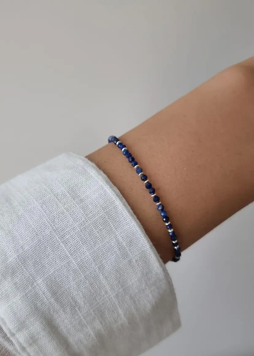 Delicate beaded bracelet, semi-precious stone lapis lazuli, sterling silver spacer beads, stainless steel clasp, waterproof