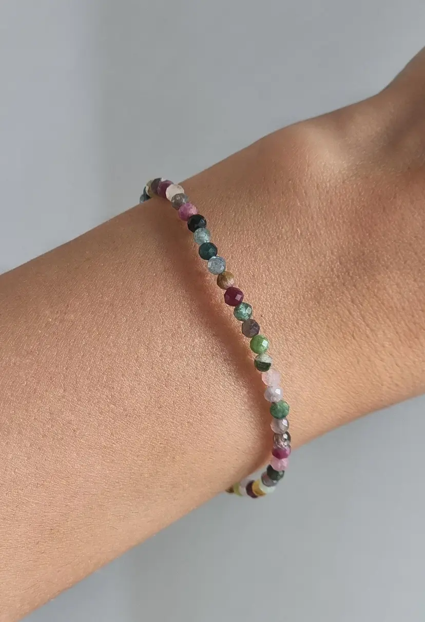 Delicate bracelet with colorful tourmaline semi-precious stone and gold-plated stainless steel clasp, waterproof