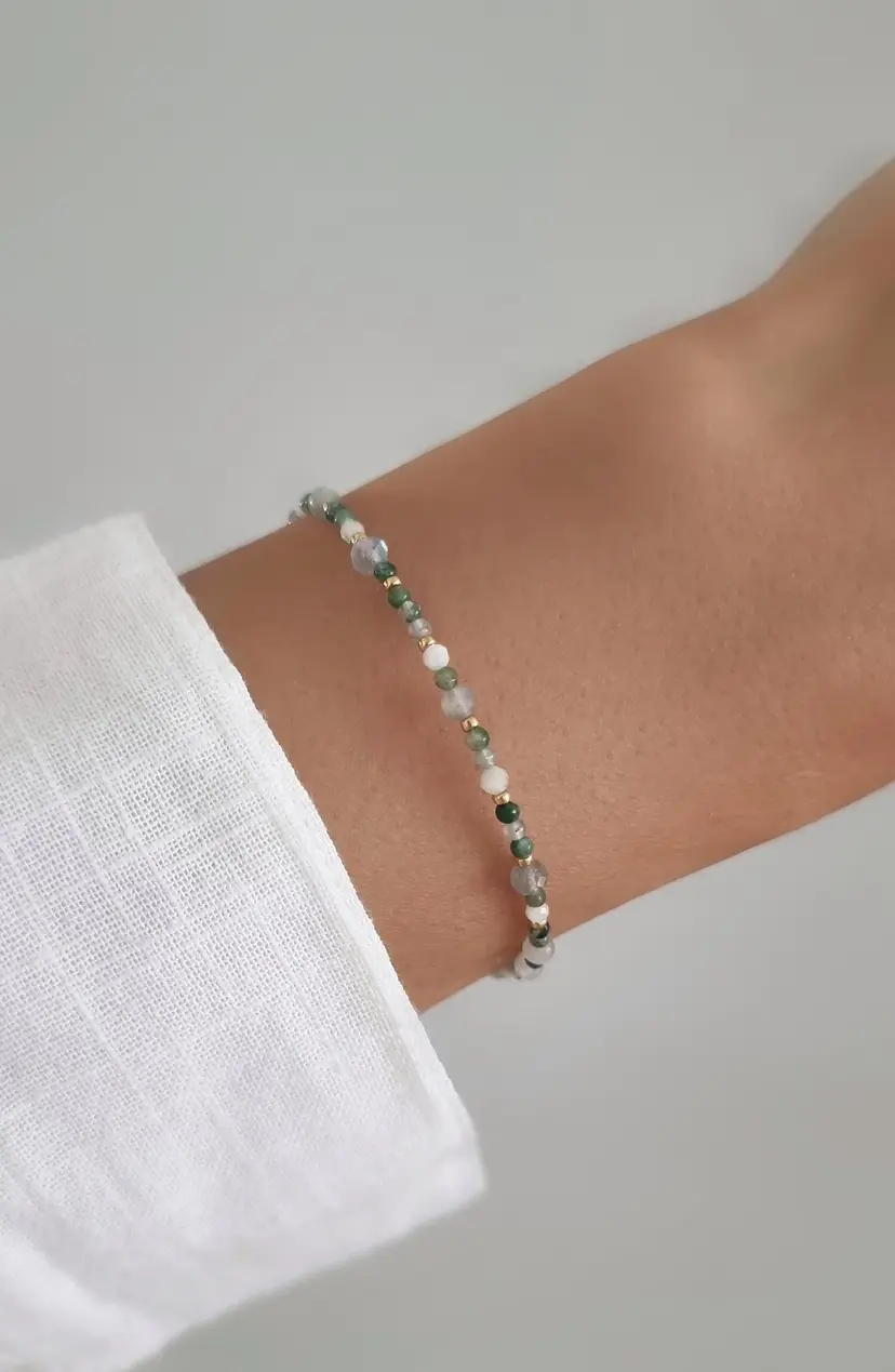 Delicate semi-precious stone beaded bracelet, moss agate, labradorite & moonstone, stainless steel clasp