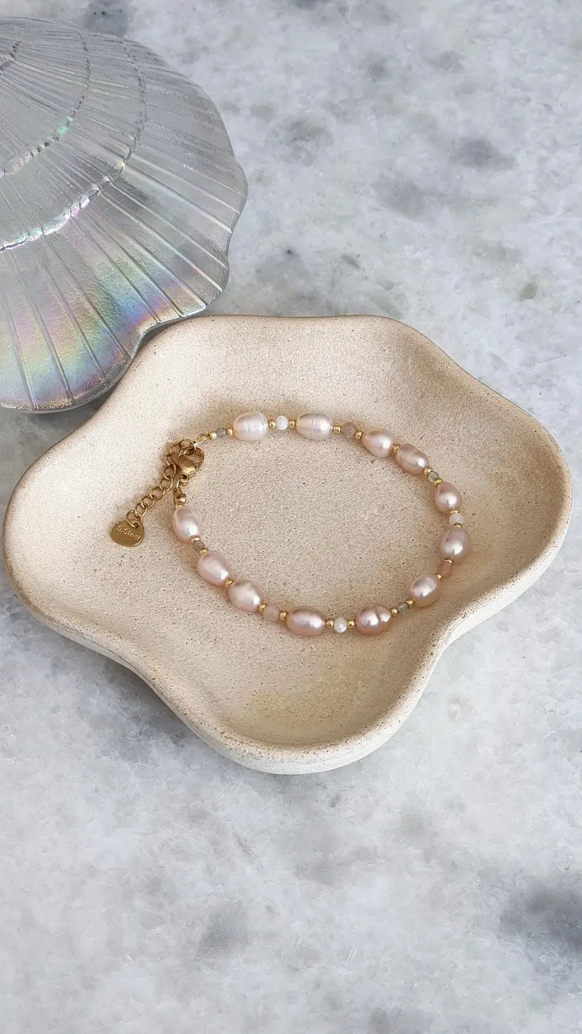 Freshwater pearl bracelet with semi-precious stones sunstone, moonstone, aquamarine, gold-plated Miyuki stainless steel clasp