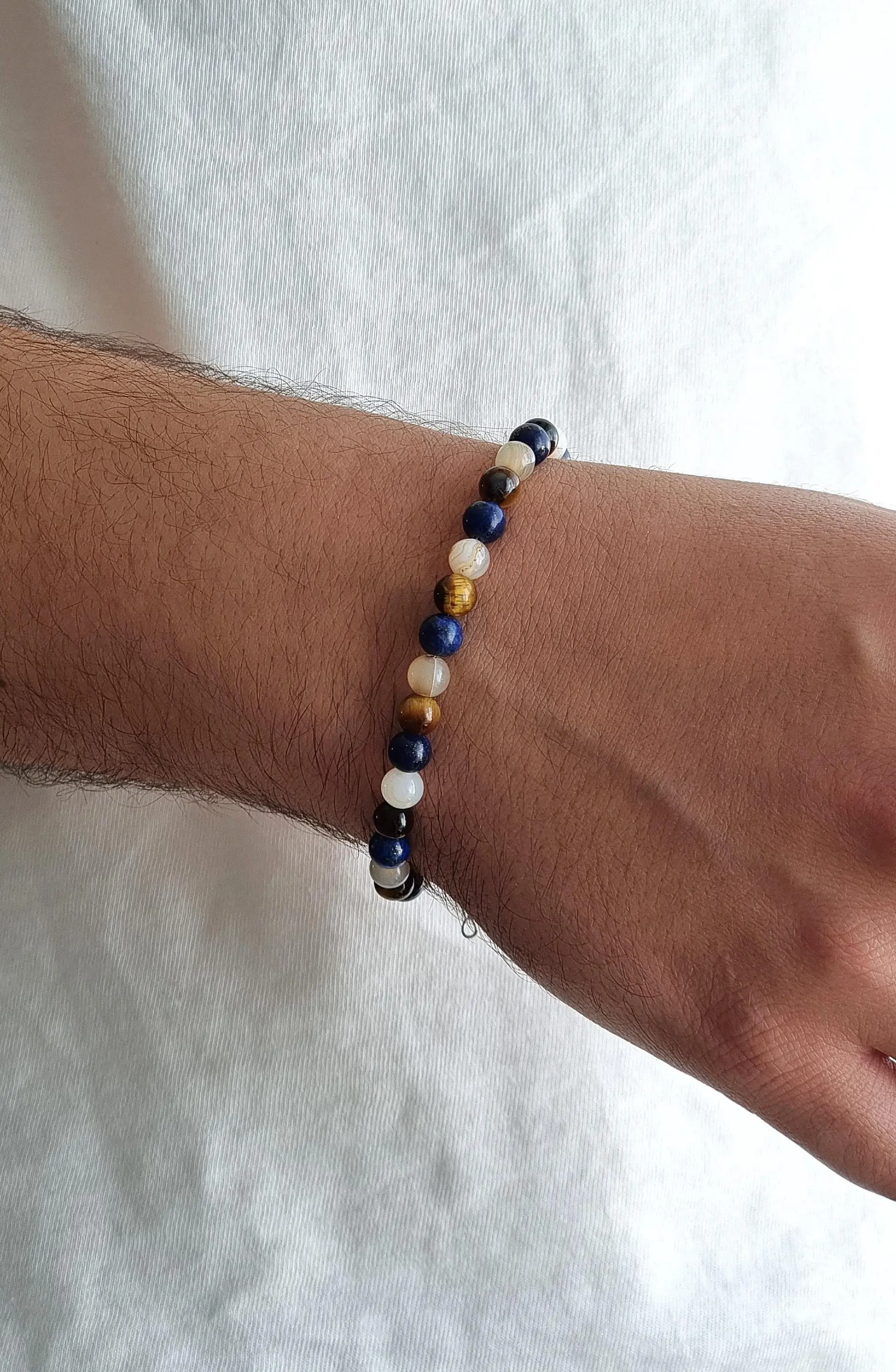Unisex beaded bracelet, men's bracelet, semi-precious stones lapis lazuli, Botswana agate, tiger's eye, stainless steel lobster clasp