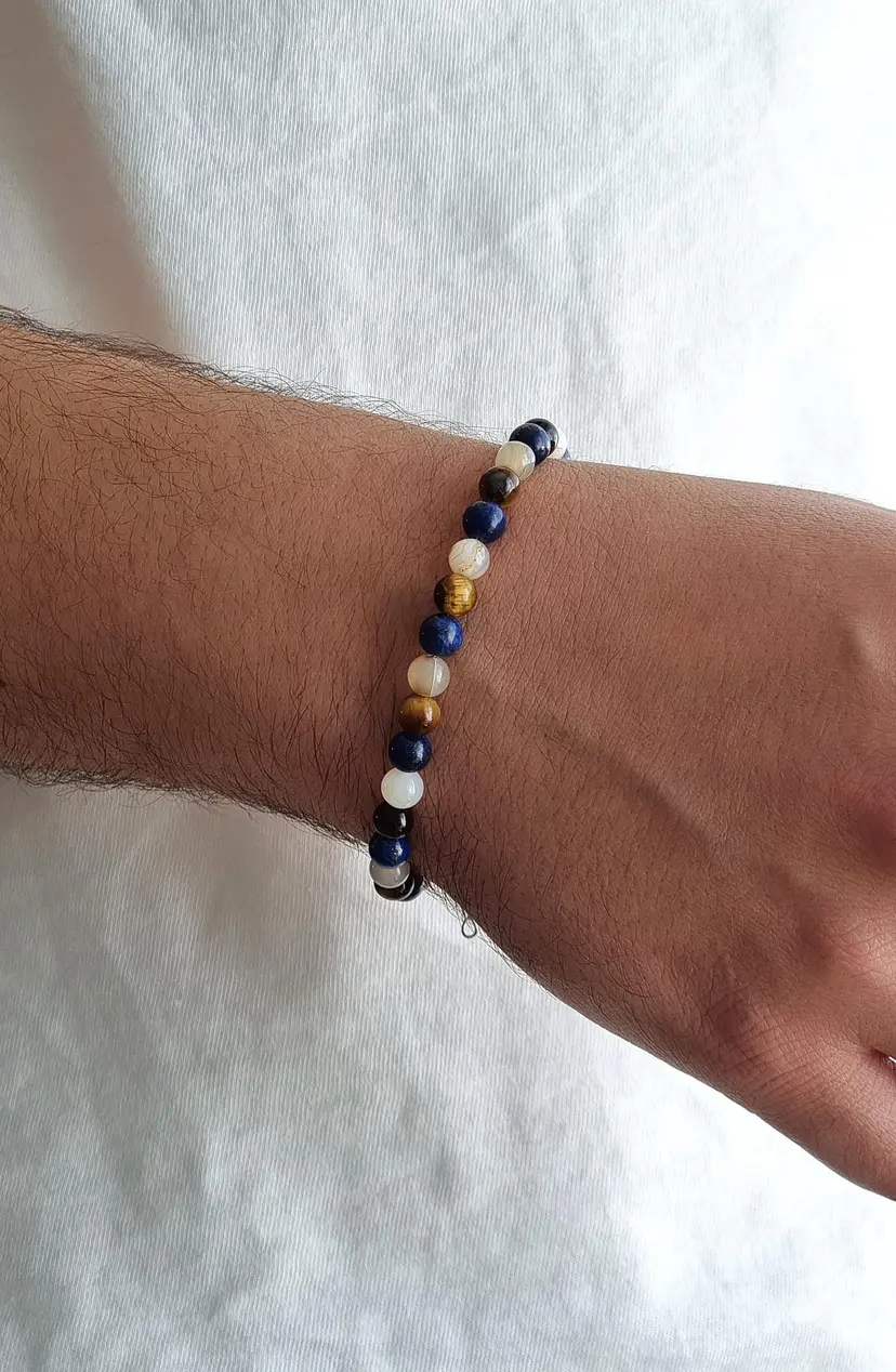 Unisex beaded bracelet, men's bracelet, semi-precious stones lapis lazuli, Botswana agate, tiger's eye, stainless steel lobster clasp