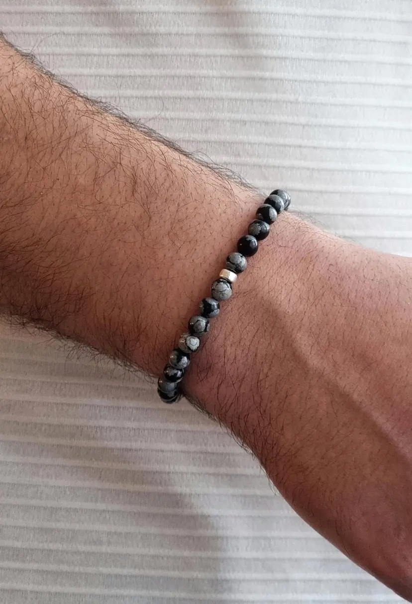 Unisex beaded bracelet, snowflake obsidian men's bracelet with sterling silver spacer bead, stainless steel clasp