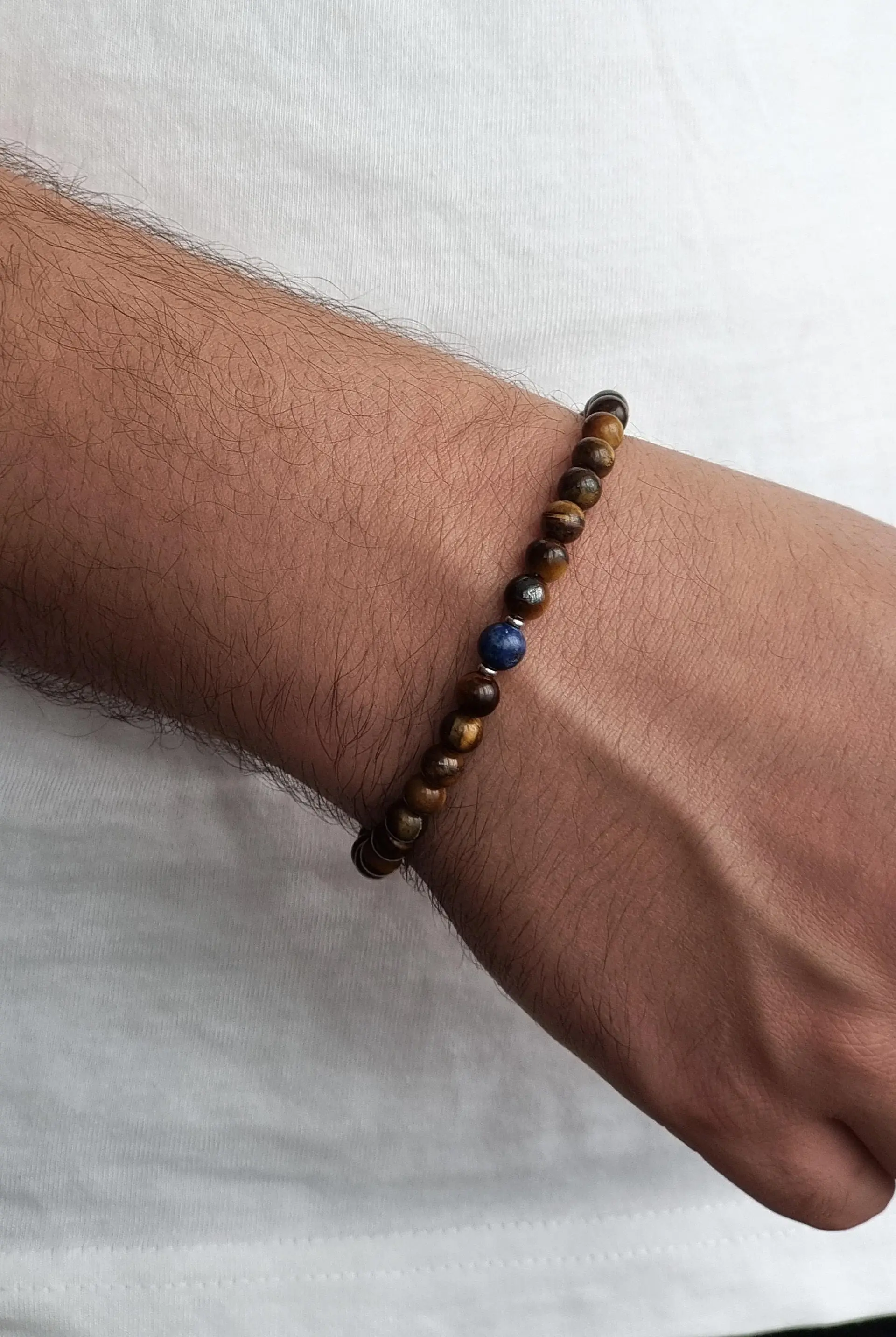 Unisex/Men's bracelet with semi-precious stone tiger's eye beads & lapis lazuli, stainless steel clasp, waterproof
