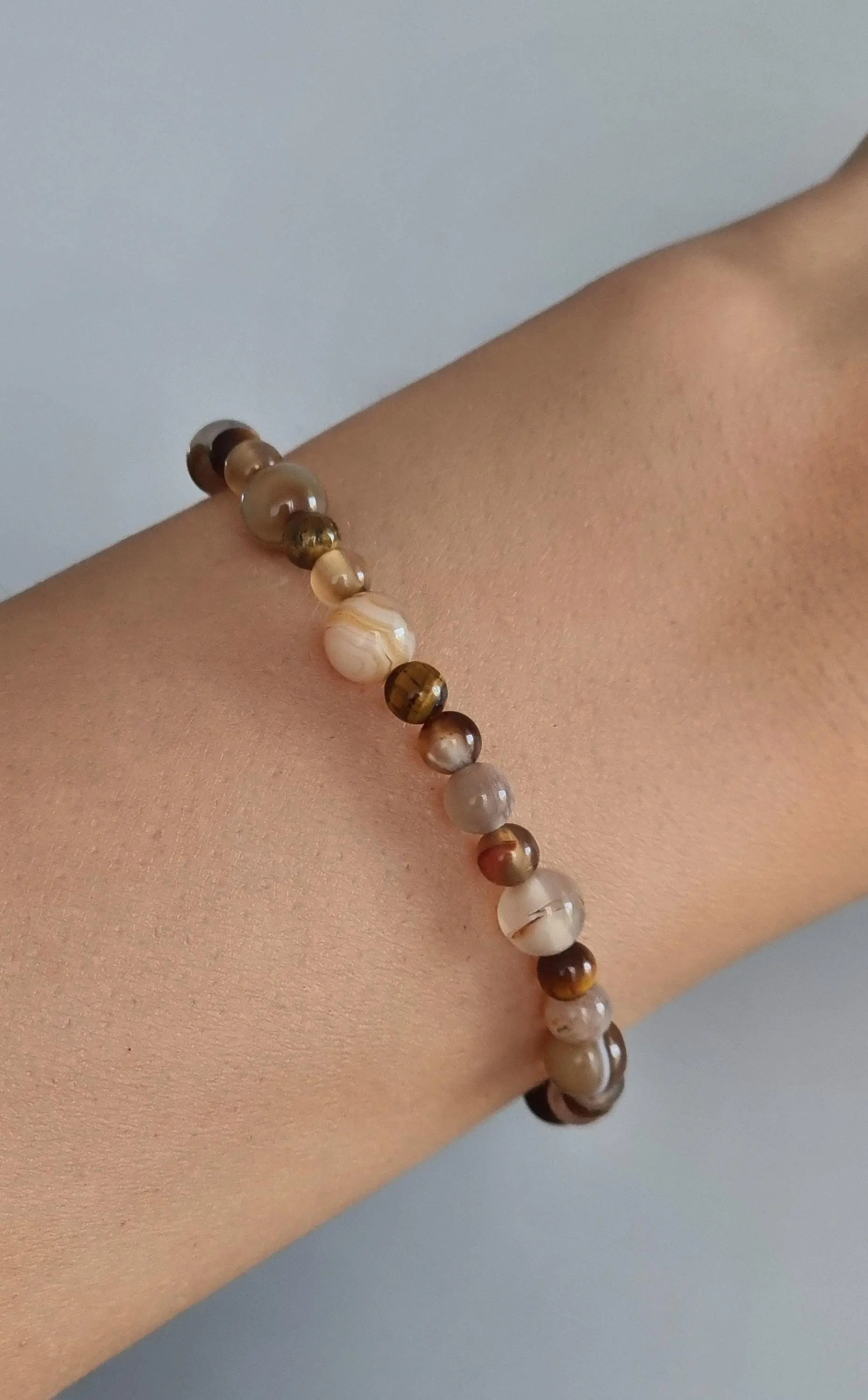 Unisex multi-bead bracelet, Botswana agate, tiger's eye, sunstone, stainless steel clasp