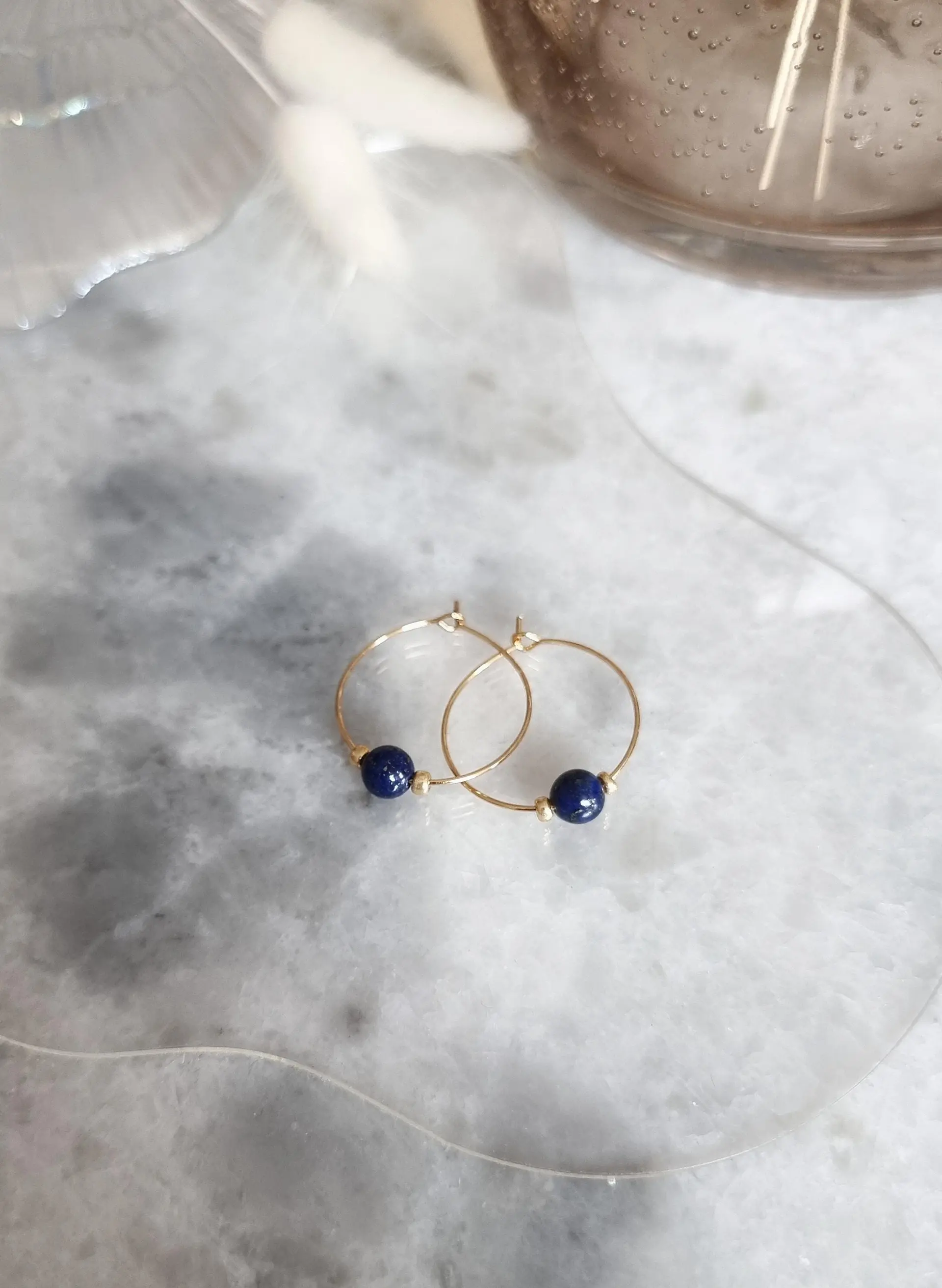 Delicate hoop earrings with lapis lazuli semi-precious stone, stainless steel