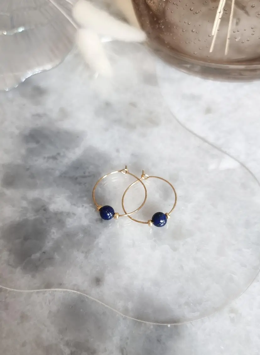 Delicate hoop earrings with lapis lazuli semi-precious stone, stainless steel
