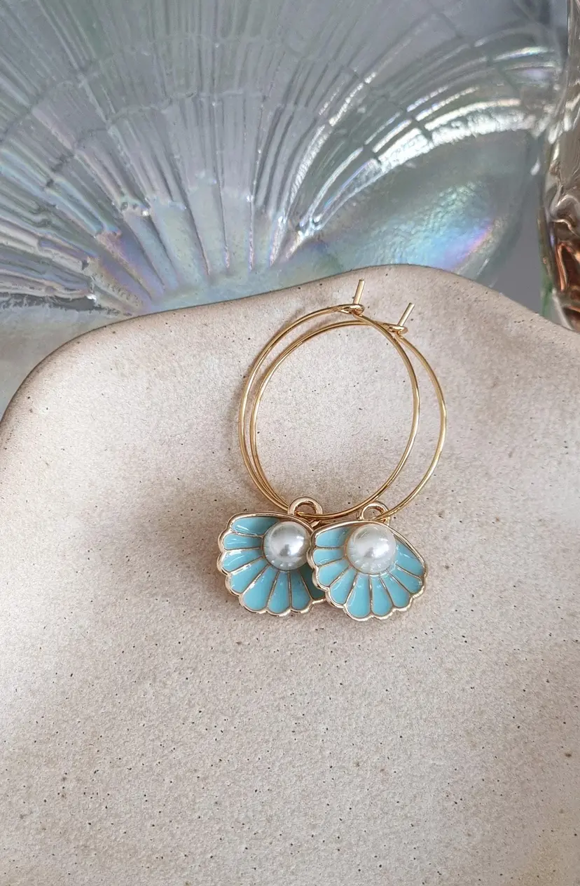 Fine stainless steel hoop earrings with shell pendant, blue