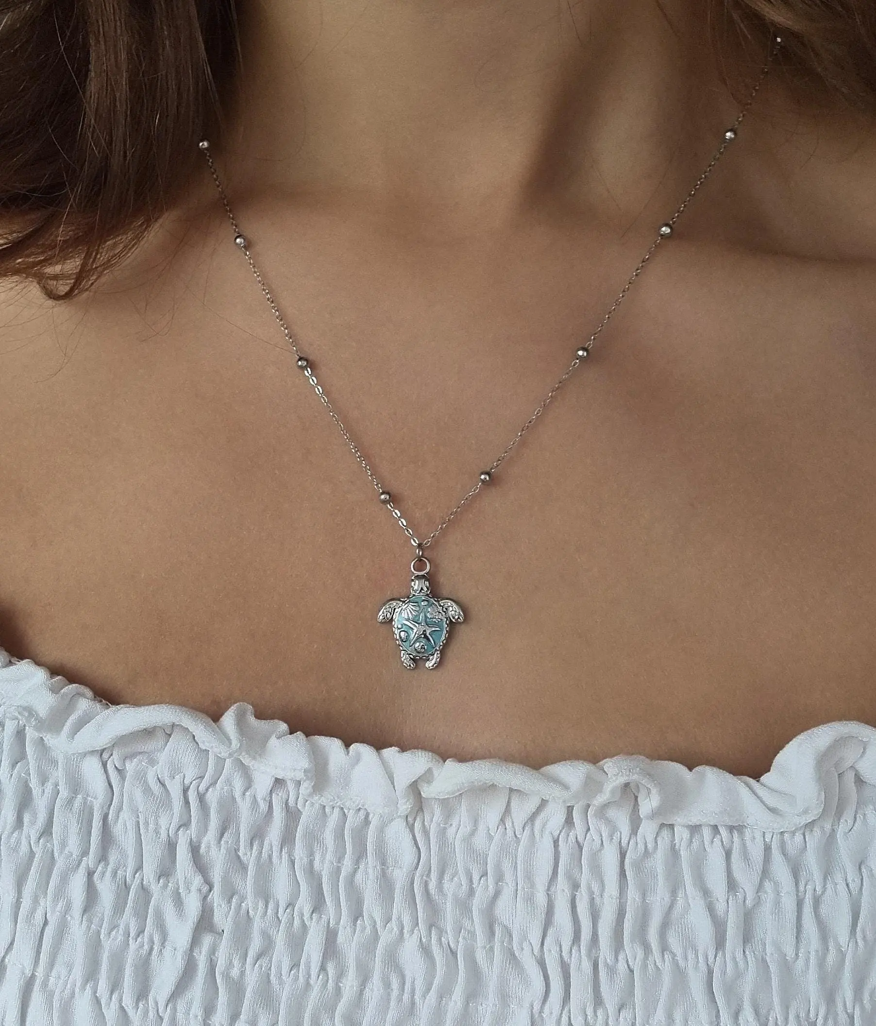 Cute trendy summer necklace, beach style, ocean, stainless steel ball chain with turtle pendant, stainless steel, waterproof