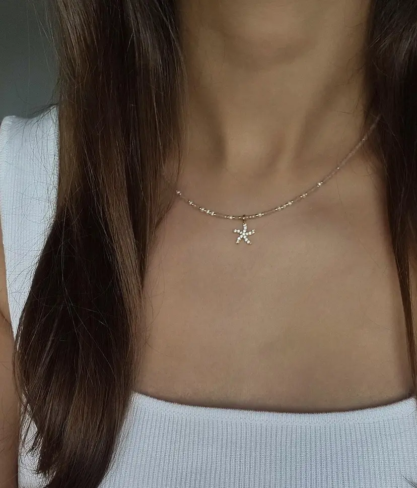 Delicate freshwater pearl & sunstone pearl necklace with starfish pendant, stainless steel