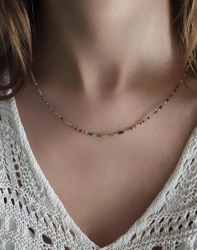 Delicate minimalist Indian agate beaded necklace with gold-plated Miyuki beads and a gold-plated stainless steel clasp.