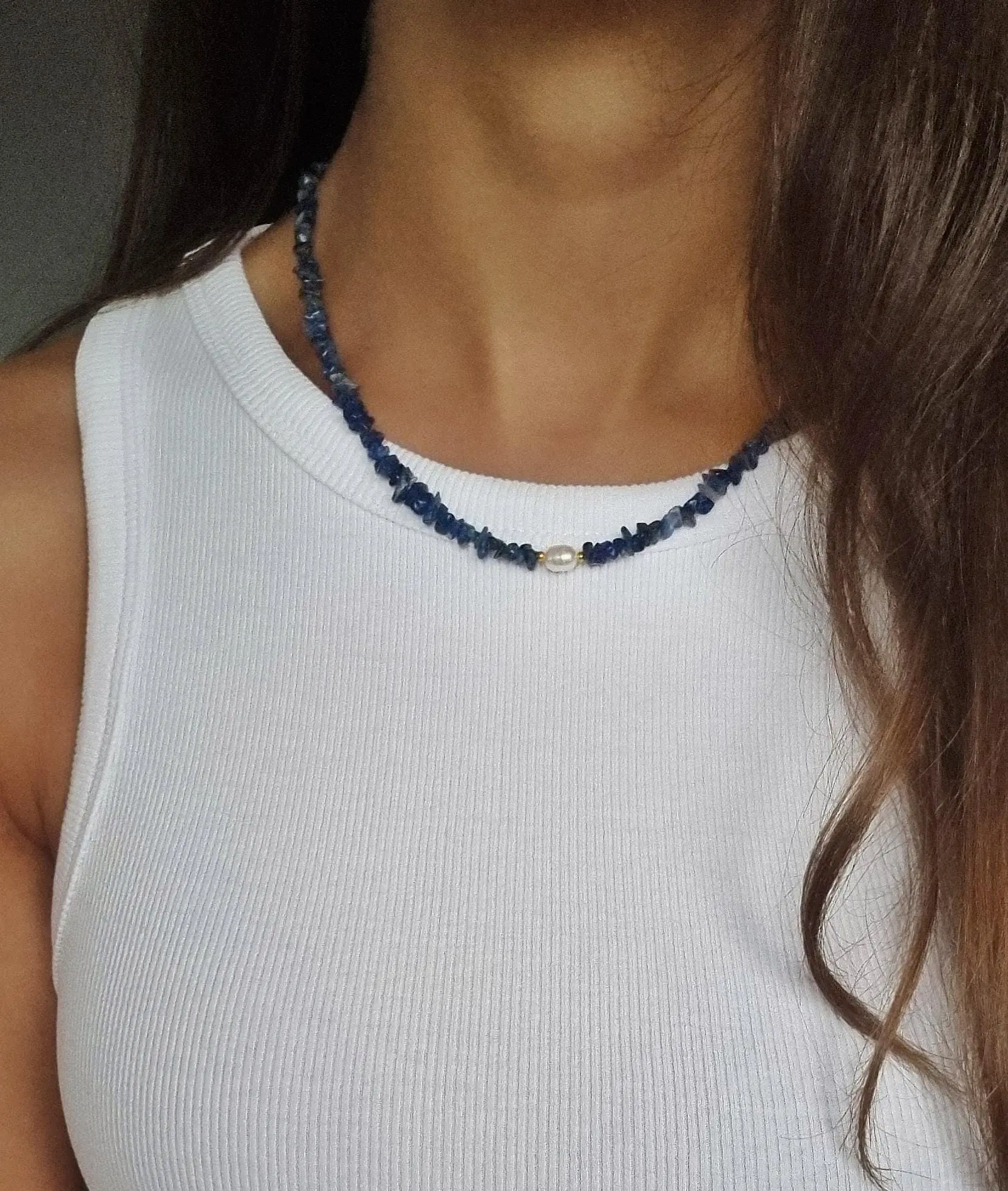 Sodalite necklace with freshwater pearl and stainless steel clasp