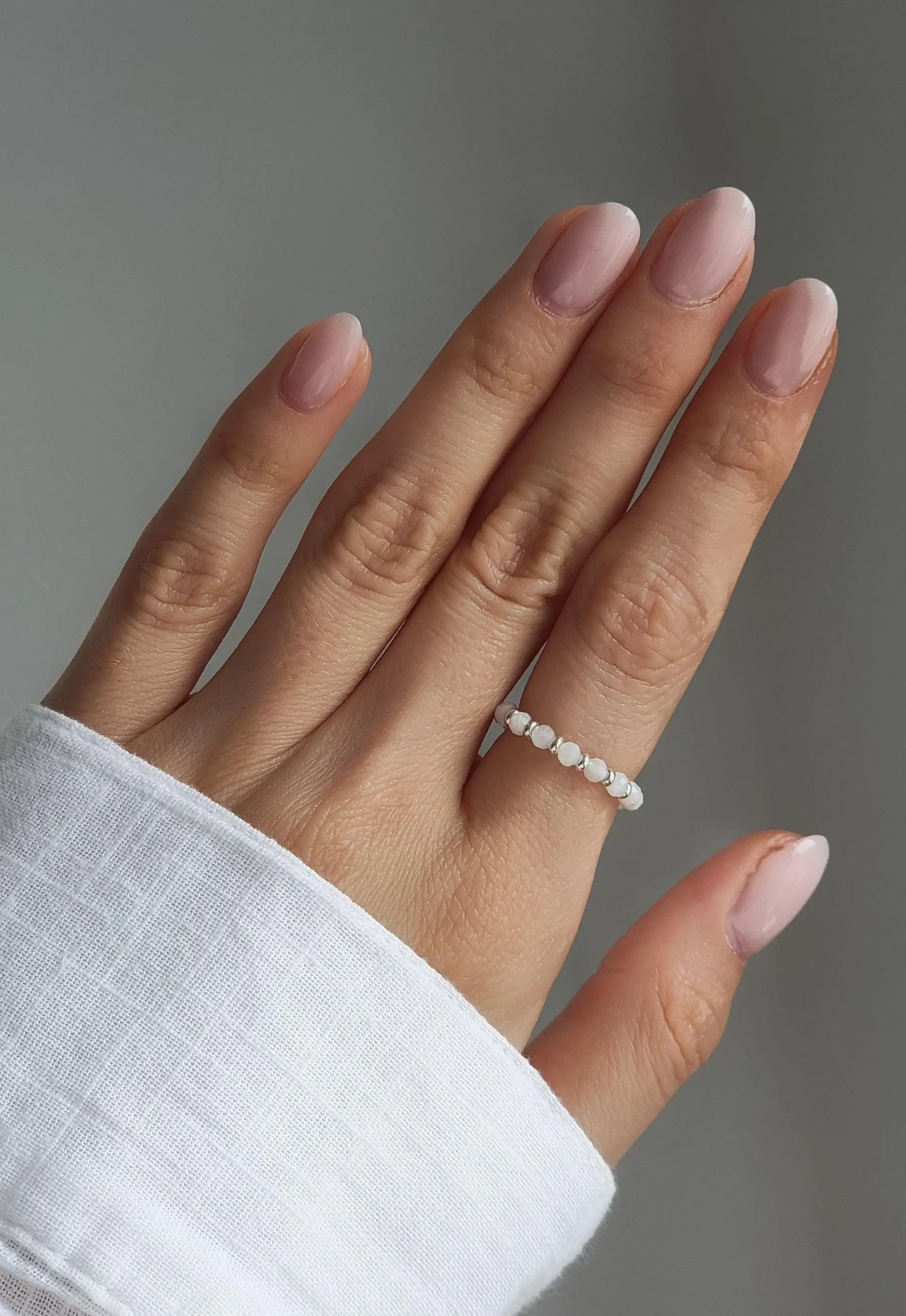 Delicate elastic beaded ring with semi-precious moonstone and silver-colored Miyuki beads