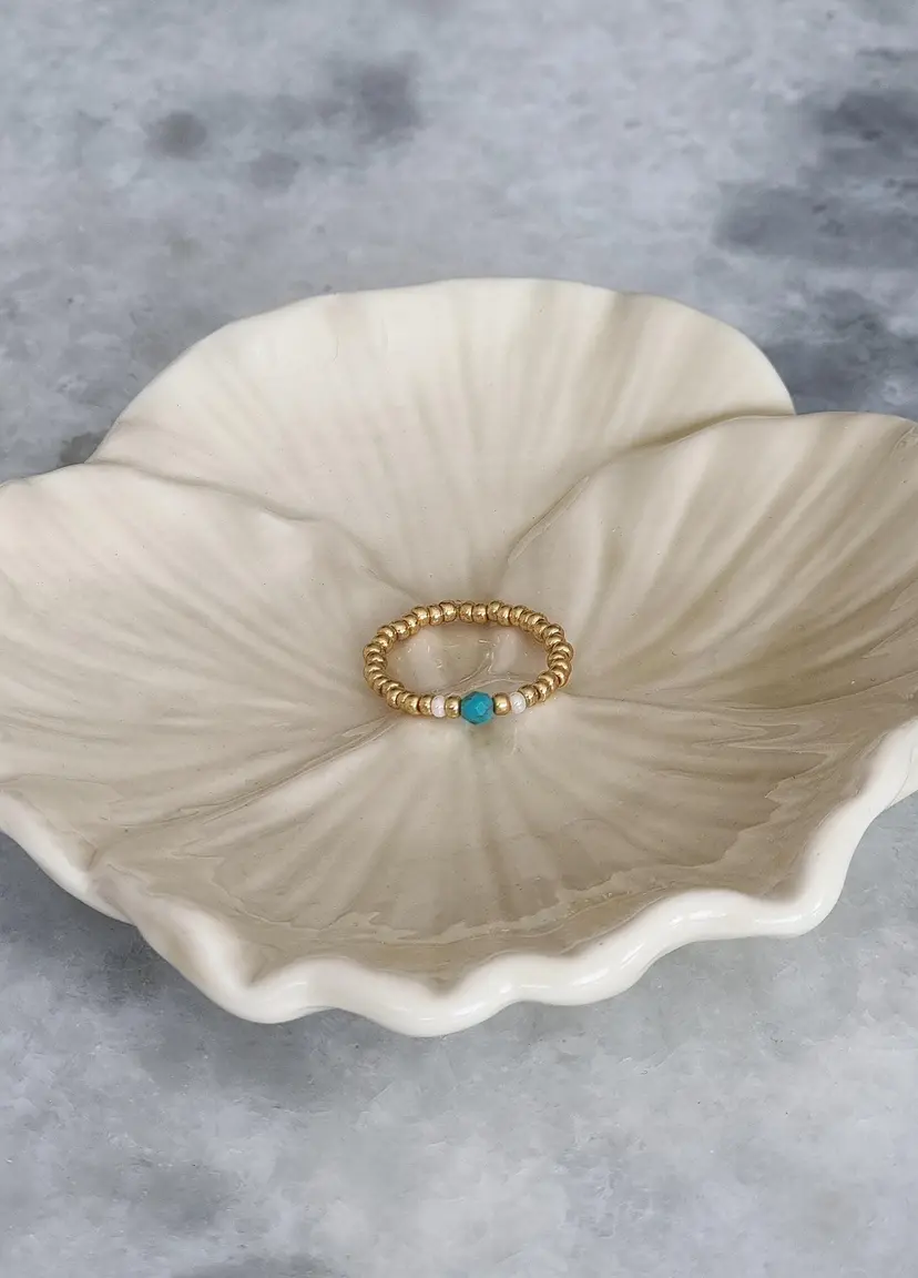 Delicate elastic pearl ring with a turquoise stone, gold-plated Miyuki beads, gift