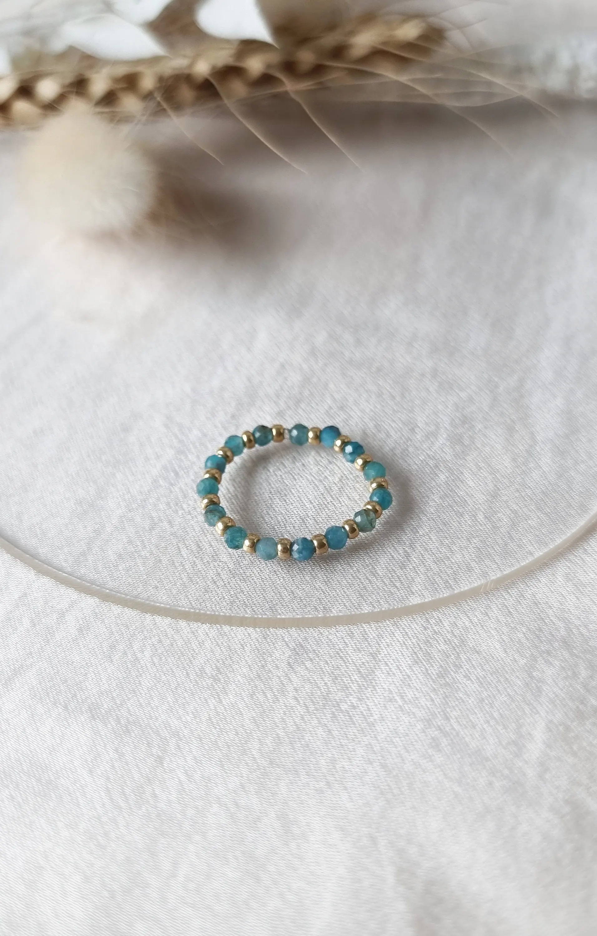 Delicate elastic ring, semi-precious stone apatite, minimalist gold-plated