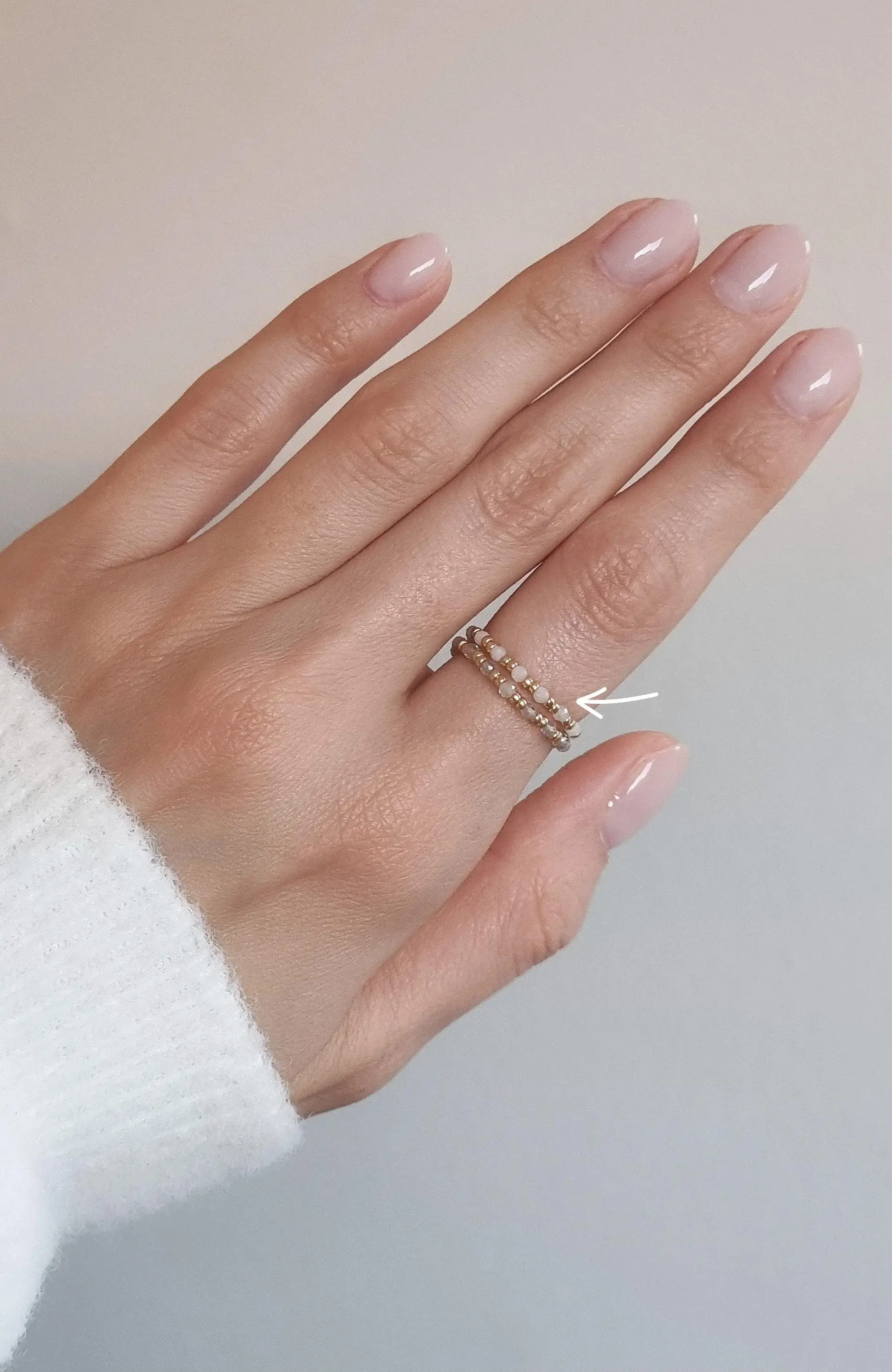 Delicate elastic semi-precious moonstone bead ring with gold-plated Miyuki beads, 1.5 mm tiny moonstone, gift
